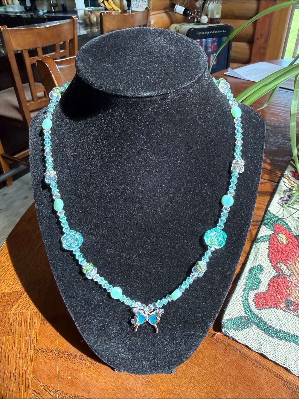 Handmade Aquamarine Beaded Necklace with Butterfly Pendant